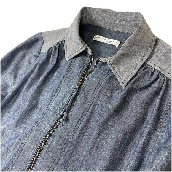 Trina Turk Darya Long Sleeve Chambray Dress Linen Blend-M - Picture 5 of 16